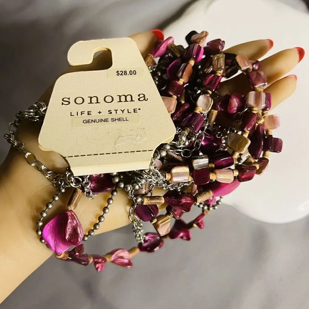 Sonoma Silver Tone Necklace Pink Shades Multi Layer Genuine Shell Stones